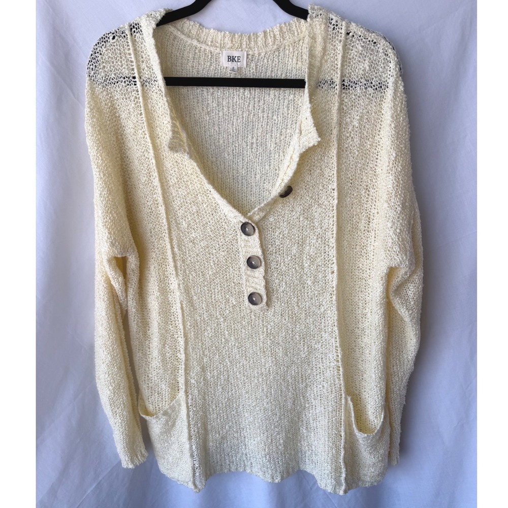 BKE Henley Sweater Cream Cottagecore Knit Button Front Pocket Boho Small